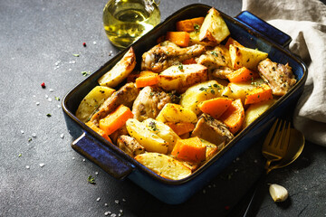 Chicken meat with pumpkin and potato. One pot baked dish. Top view image.