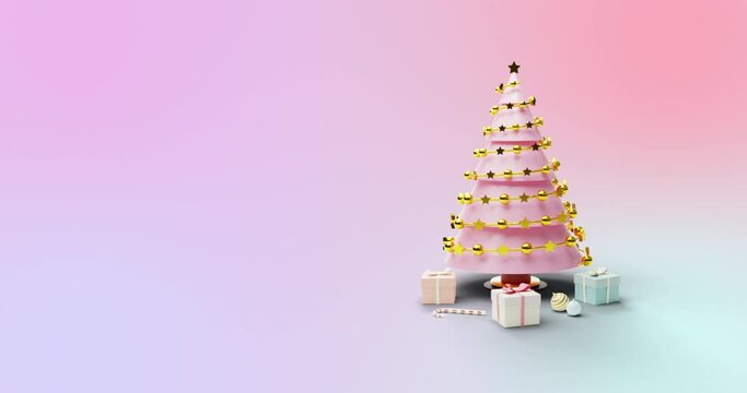 Animation of spinning christmas tree and presents on gradient pink background