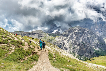 Fototapeta na wymiar Famous Tre Cime di Lavaredo at summer time. Landscape of Alps Mountains. Dolomites, Alps, Italy, Europe (Drei Zinnen)