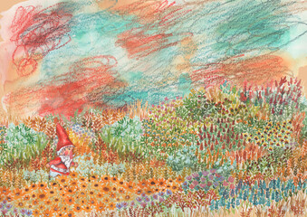 Watercolor illustration. Landscape with  flowers.