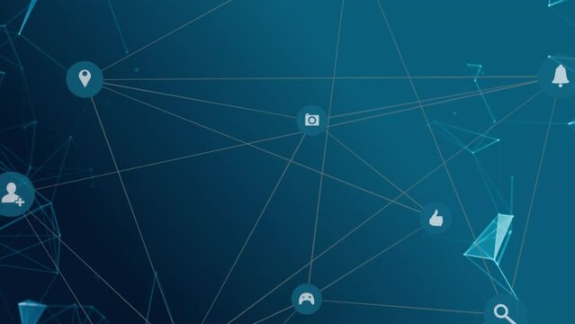 Animation of network of media icons moving on blue background