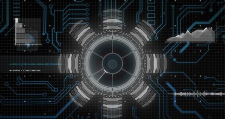 Animation of motherboard and circular scanner processing data on interface with black background - Powered by Adobe