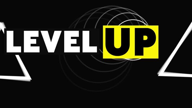 Animation of level up text in black and white over download triangles and circles on black