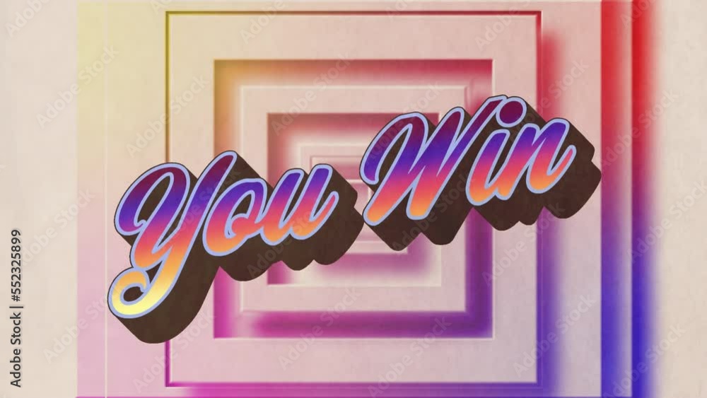 Aufkleber animation of you win text in colourful letters over concentric squares on beige background