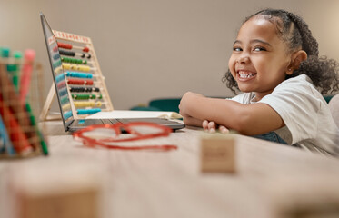 Education, happy or girl excited for learning, knowledge or child development as a young creative school student. Smile, portrait or relaxed African kid reading story books with freedom for homework