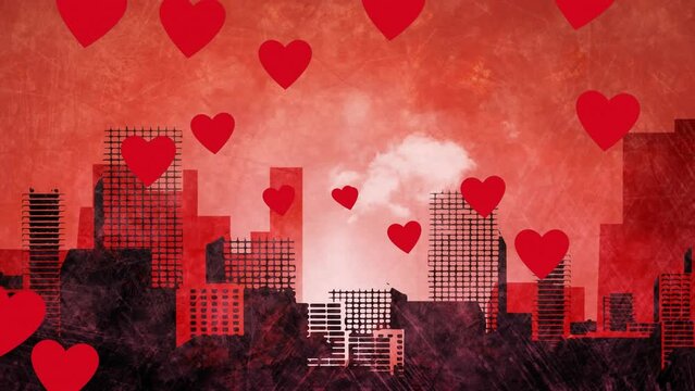 Animation of red hearts over painted red sky and black cityscape