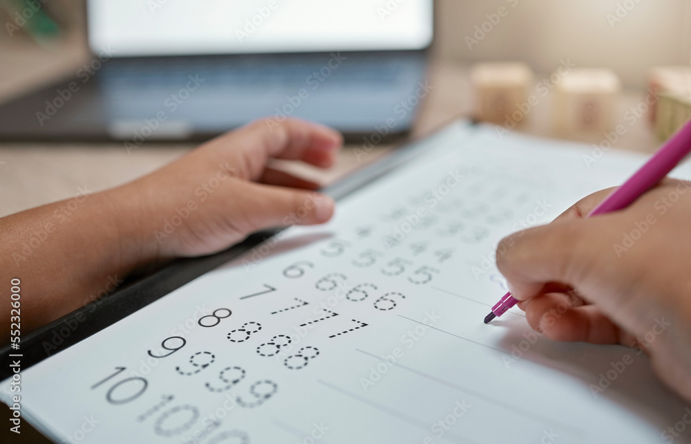 Poster Education, hands and writing, math and numbers, learning at home with development and school. Mathematics, learn and student, academic work and number activity paper with homework and study zoom.