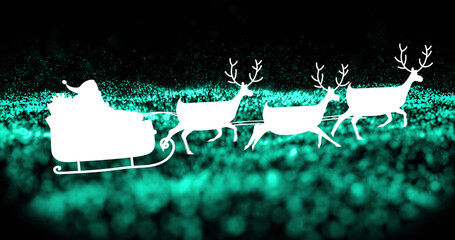 Image of santa claus in sleigh with reindeer over snow falling on black and green background