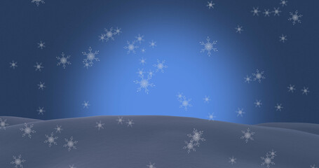 Image of snowflakes falling over snow and blue background