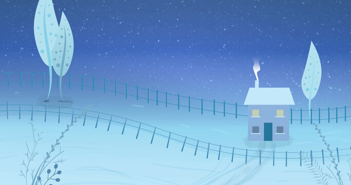 Image of snow falling over house in winter landscape