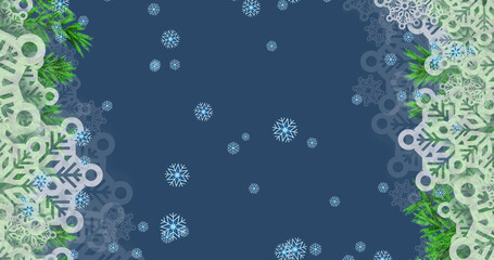 Image of snow falling over christmas decoration on blue background
