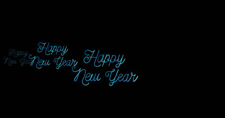 Fototapeta na wymiar Image of happy new year text in blue handwriting on black background