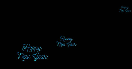 Image of happy new year text in blue handwriting on black background