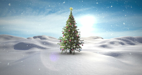 Composition of christmas tree over winter landscape