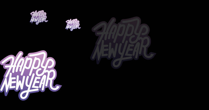 Image of happy new year text in white and purple on black background