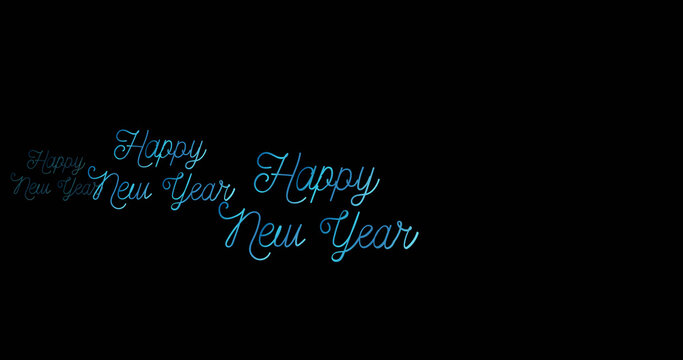 Image of happy new year text in blue handwriting on black background