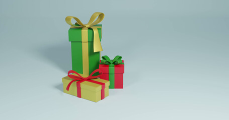 Image of three christmas presents spinning with copy space over grey background