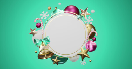 Image of circle frame with copy space and christmas decoration on green background