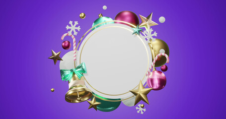 Image of circle frame with copy space and christmas decoration on purple background