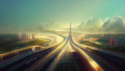 Fototapeta na wymiar Abstract futuristic city with ultra speed highways, generative ai illustration