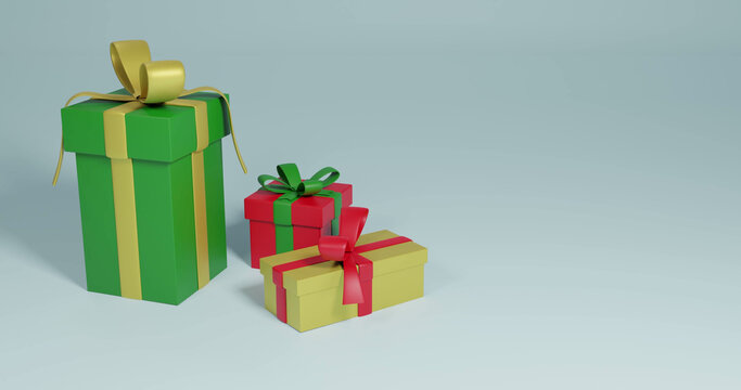 Image of three christmas presents spinning with copy space over grey background
