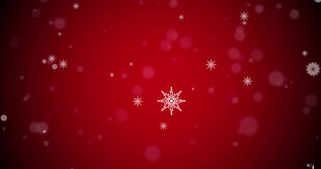 Image of snow falling and light spots on red background