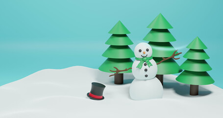 Image of christmas fir trees and snowman over green background