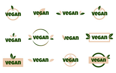 Vegan products sticker, label, badge and logo. Vegan icons. Logo template with leaves for vegan products. Vector illustration