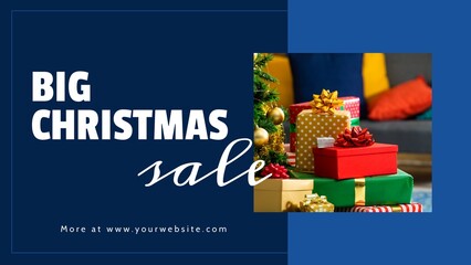 White christmas sale text with colourful wrapped gifts, on blue