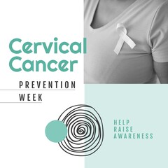 Composition of cervical cancer awareness week text over woman with ribbon