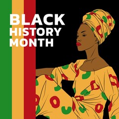 Composition of black history month text over african american woman icon