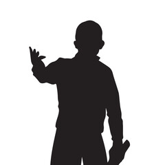 Business adult man presenting something to other person while standing and holding folded paper. Vector silhouette isolated on plain white background. Man with one hand up foward.