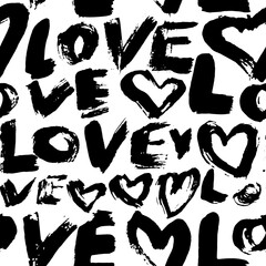 Dry Brush Grunge Love Lettering and Hearts Seamless Romantic Pattern.