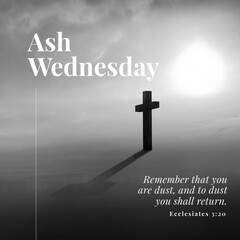 Image of ash wednesday over background with cross in black and white
