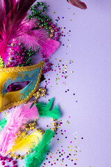Colourful mardi gras beads, confetti, feathers and carnival mask, on blue background with copy space
