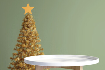 Blank empty stylish round white tray side table podium for products display templates with golden Christmas tree and green wall in background. Holiday celebration, xmas, Backdrop, Mock up.