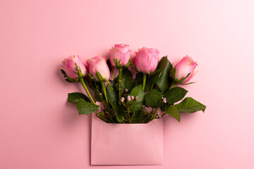 Composition of roses on pink background - obrazy, fototapety, plakaty