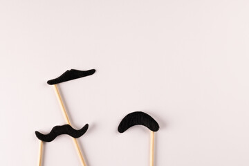 Composition of fake moustaches on sticks on white background with copy space