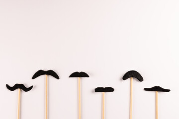 Composition of fake moustaches on sticks on white background with copy space