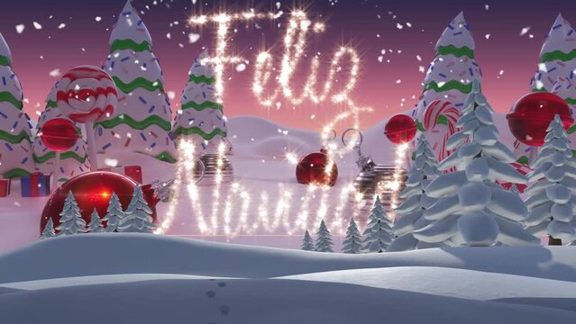 Animation of christmas greetings text over christmas decorations in winter scenery