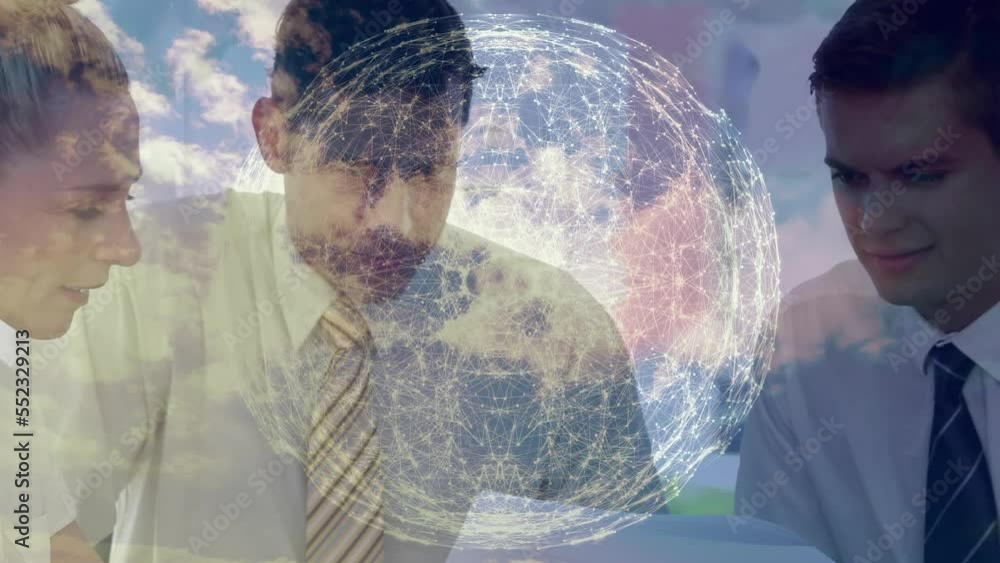 Poster animation of network of connections with data processing over businessmen