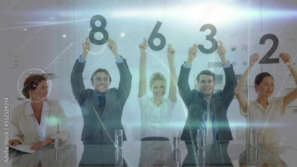 Poster animation of network of connections with data processing over business people holding numbers