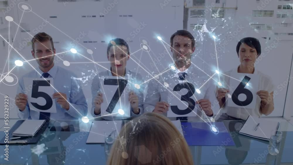 Poster animation of network of connections with data processing over business people holding numbers