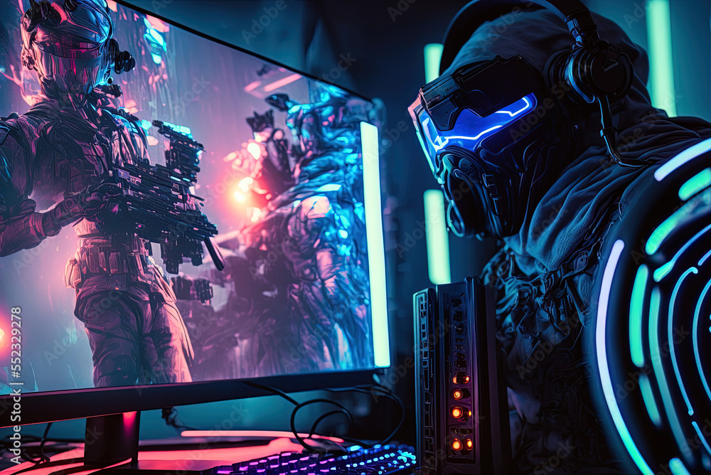 Poster competitive online shooting game, close-up of rgb system desktop with pro player. a high-powered com