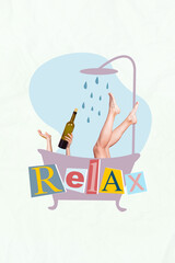 Photo collage cartoon comics sketch picture of lady enjoying bath drinking wine relaxing isolated...
