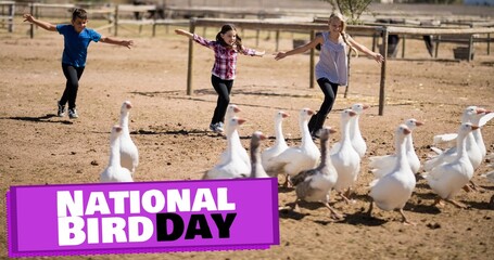 Composite of children running behind waddling of ducks in farm and national bird day text