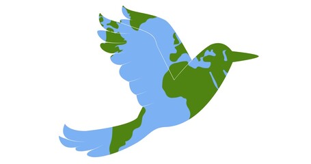 Illustration of green and blue bird flying against white background, copy space