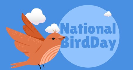 Illustration of flying bird and clouds with national bird day text in circle on blue background