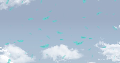 Digital composite of blue feathers flying against sky, copy space