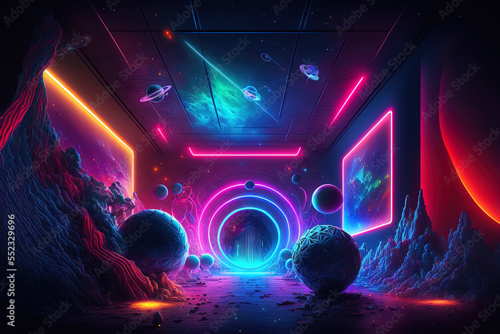 Poster spacey setting with flashing neon lasers of every hue. generative ai